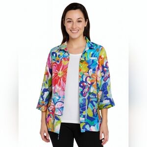 ALI MILES Blouse Tunic Top Women's  SZ M Abstract Button Front 3/4 Sleeve